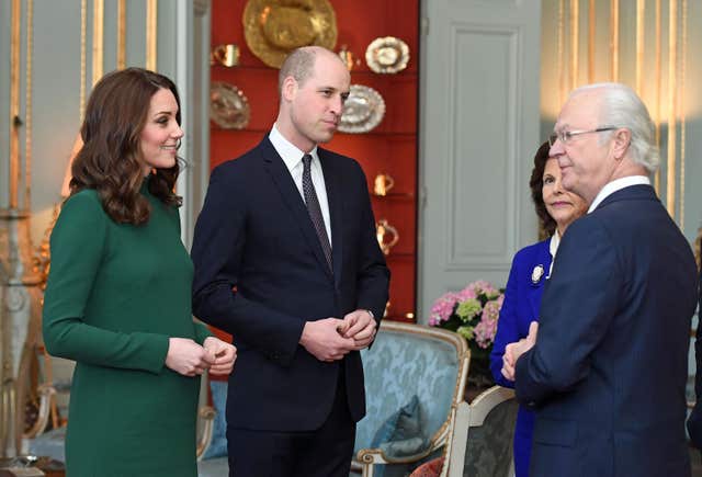 William and Kate later met King Carl XVI Gustaf and Queen Silvia of Sweden ahead of a lunch at the Royal Palace of Stockholm (Victoria Jones/PA)