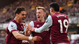 West Ham United’s James Ward-Prowse (centre) celebrates with Konstantinos Mavropanos (left) and Edson Alvarez after scoring their second goal of the game during the Premier League match at Molineux, Wolverhampton. Picture date: Saturday April 6, 2024.