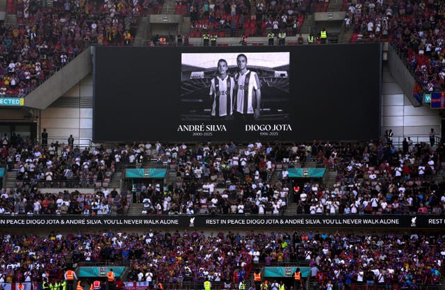 A tribute on the big screen to Andre Silva and Diogo Jota at Wembley
