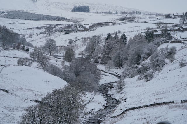 Snow covers the hills near Kilhope, on the border between Northumberland and Durham