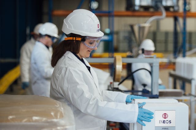 A worker at chemicals giant Ineos’s new hand sanitiser plant at Newton Aycliffe, near Middlesbrough, which is to produce one million bottles a month (Media Zoo/PA)