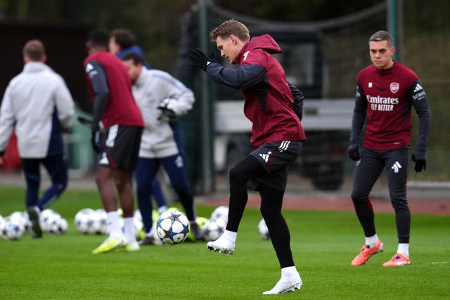 Martin Odegaard during a training session in Colney on Tuesday