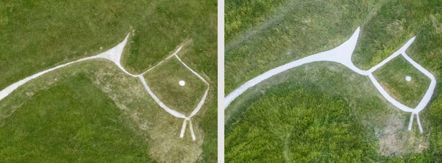 The head and neck of the Uffington White Horse before and after restoration