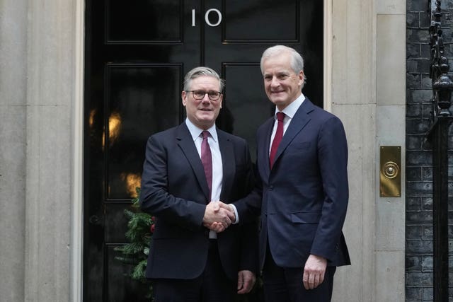 Sir Keir Starmer shaking hands with Norwegian Prime Minister Jonas Gahr Store at the front door of Number 10 Downing Street