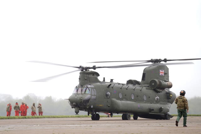 An RAF Chinook support helicopter prepares to deploy from Wattisham Flying Station in Suffolk 