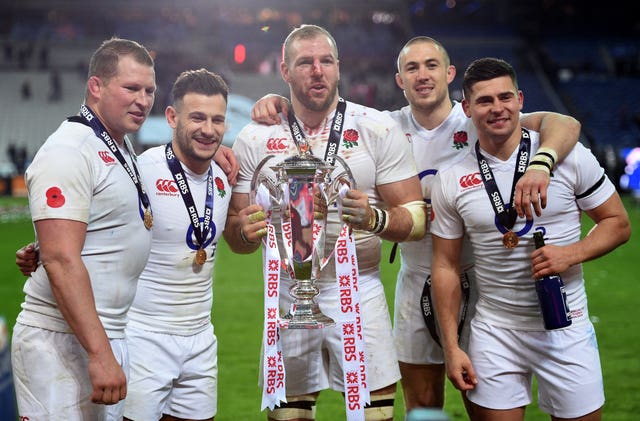 Dylan Hartley, Danny Care, James Haskell, Mike Brown and Ben Youngs, l-r, celebrate England's 2016 Six Nations grand slam