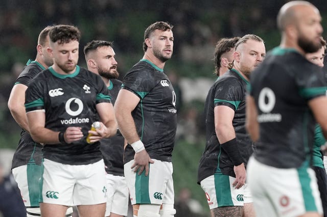 Ireland’s Caelan Doris, centre, and team-mates warm up 