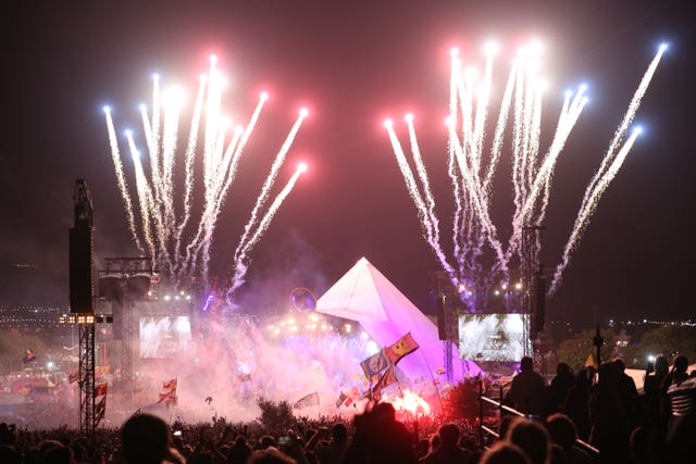 Fireworks go off as The Killers play the Pyramid Stage