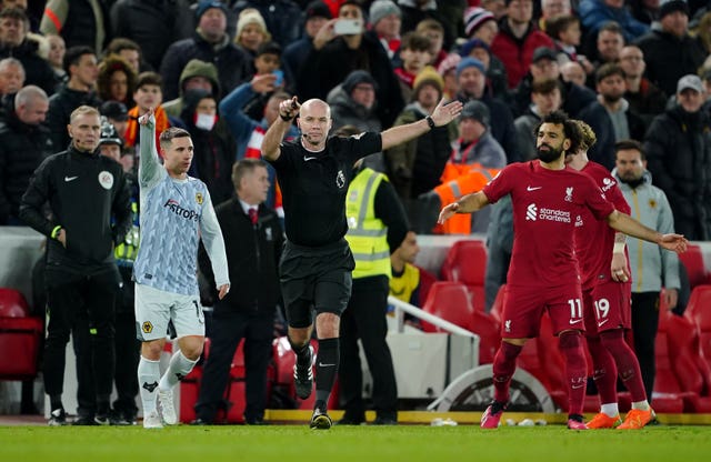 Referee Paul Tierney rules out Darwin Nunez's goal following a VAR review 