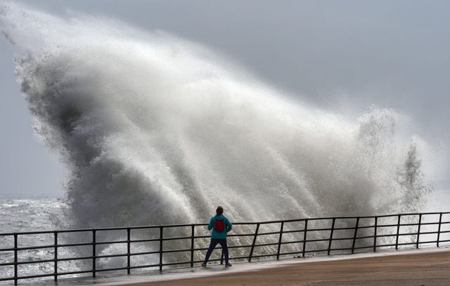 Huge waves smash against the sea front at Whitley Bay in North Tyneside on May 31 2024