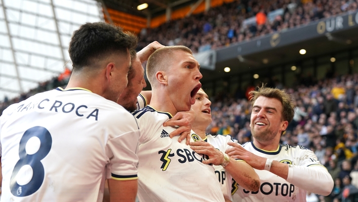 Leeds’ Rasmus Kristensen, centre, celebrates his goal (Nick Potts/PA)