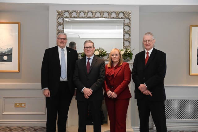 From left, DUP leader Gavin Robinson, Sir Keir Starmer, DUP MLA Michelle McIlveen and Secretary of State for Northern Ireland Hilary Benn