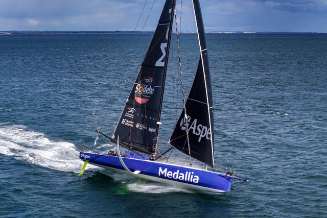 British sailor Pip Hare preparing, in Helly Hansen kit, for the Vendee Globe 2024