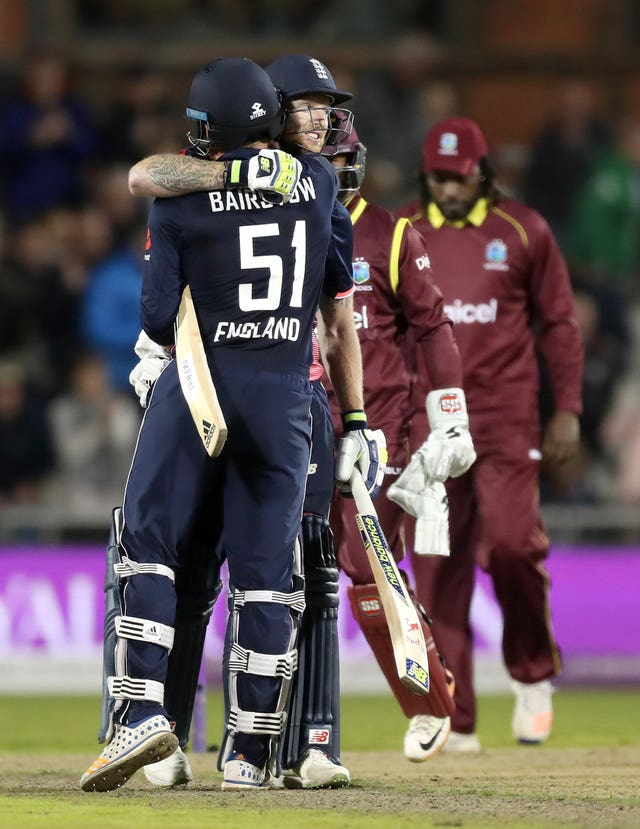 Ben Stokes, right, and Jonny Bairstow celebrate victory over the West Indies in 2017