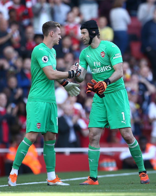Bernd Leno (left) replaced Cech after he injured his hamstring against Watford.