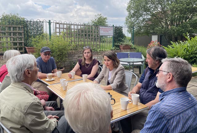 Labour’s shadow pensions secretary Liz Kendall speaking to pensioners in Thurrock, Essex