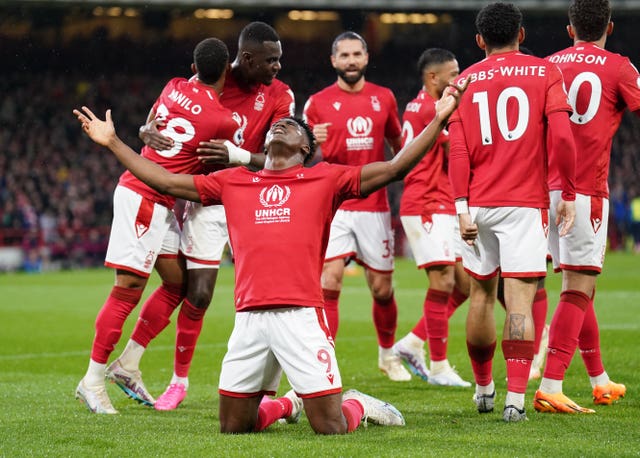 Taiwo Awoniyi (centre) scored twice as Forest beat fellow strugglers Southampton