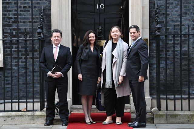 Facebook’s chief operating officer, Sheryl Sandberg, with colleagues, outside 10 Downing Street in 2020