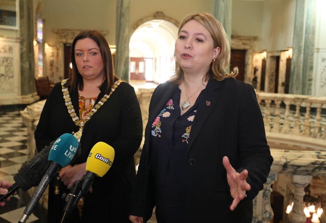 Karen Bradley, right, with Lord Mayor of Belfast Deirdre Hargey at Belfast City Hall