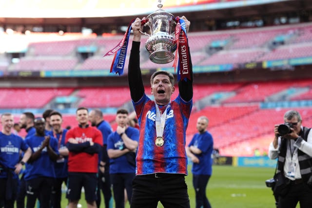 Crystal Palace manager Oliver Glasner lifts the FA Cup trophy