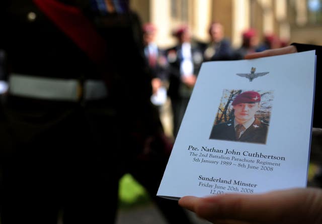 An order of service showing a picture of Private Nathan Cuthbertson during his funeral at Sunderland Minster