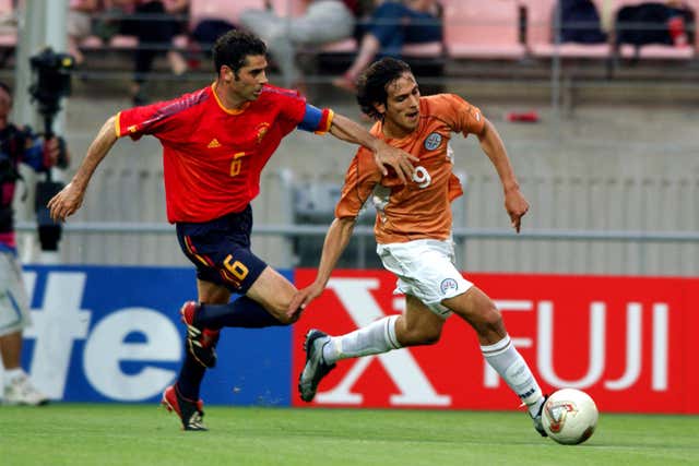 Hierro (left) was named in the 2002 World Cup team of the tournament