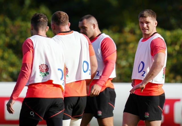 Owen Farrell, right, during England's training session on Tuesday