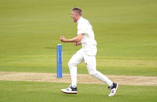 Nottinghamshire’s Olly Stones celebrates a wicket