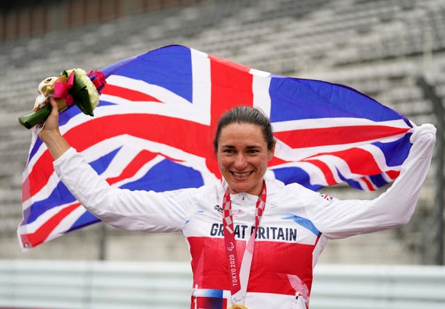 Dame Sarah Storey celebrates one of her three golds in Tokyo