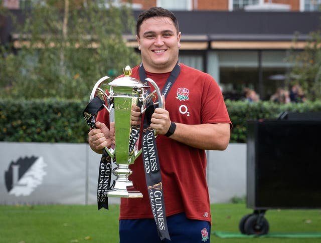 Jamie George holds the Six Nations trophy, which was won in Rome in October