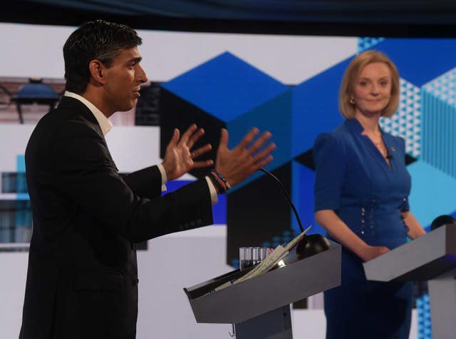BBC handout photo of Rishi Sunak and Liz Truss speaking during the BBC1 Conservative leadership debate, Our Next Prime Minister, hosted by Sophie Raworth, at Victoria Hall, Hanley, Stoke on Trent