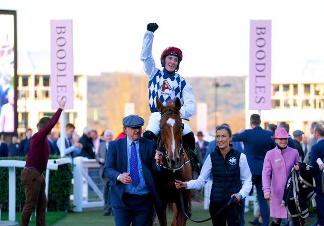 Jockey Mark McDonagh celebrates on Banbridge after winning the Martin Pipe at the Cheltenham Festival