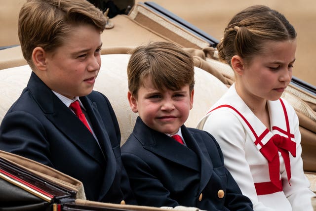 (Left-right) Prince George, Prince Louis and Princess Charlotte during the Trooping the Colour ceremony at Horse Guards Parade, central London, as King Charles celebrates his first official birthday since becoming sovereign.