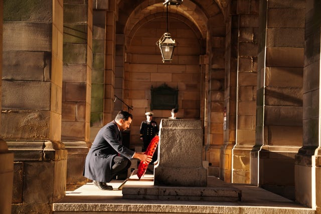 First Minister Humza Yousaf lays a wreath as he attends a Remembrance Sunday event in Edinburgh 