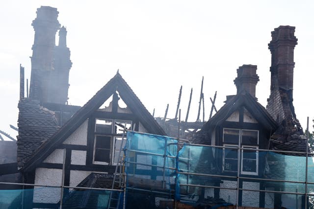 The burned out roof of the building following the fire