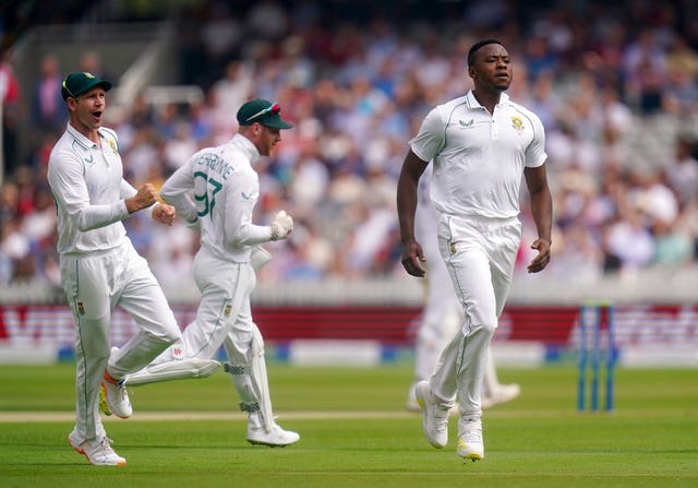 South Africa’s Kagiso Rabada celebrates the wicket of England’s Alex Lees