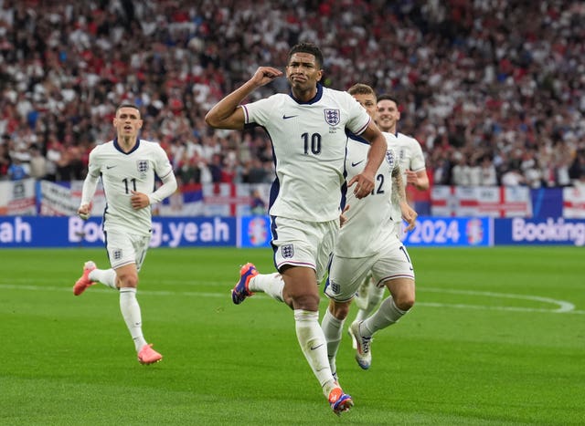 Jude Bellingham celebrates scoring England's first goal of Euro 2024