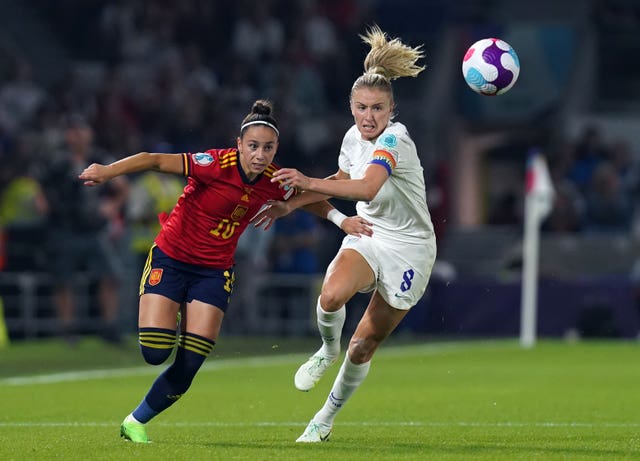 Spain&rsquo;s Athenea del Castillo and England&rsquo;s Leah Williamson (right) battle for the ball during the UEFA Women&rsquo;s Euro 2022 Quarter Final match at the Brighton & Hove Community Stadium