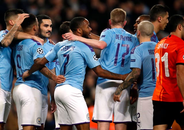 Manchester City celebrate a Champions League goal against Shakhtar Donetsk
