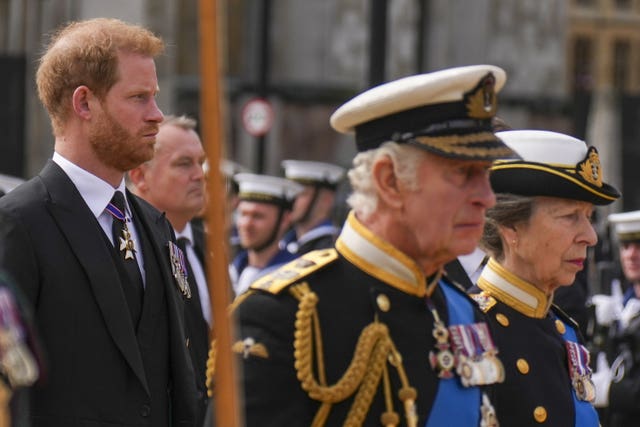 The King, the Princess Royal and the Duke of Sussex on the day of Queen Elizabeth II's funeral 