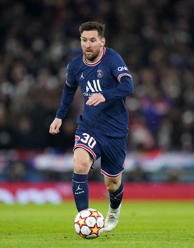 Lionel Messi in action for Paris St German in a Champions League game at Manchester City