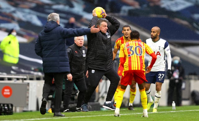 West Brom manager Sam Allardyce pretends to take a throw in during his side's Premier League defeat at Tottenham 