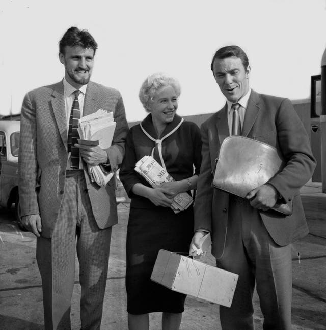 Jimmy Greaves at London Airport with his wife Irene and PFA chairman Jimmy Hill ahead of his move to AC Milan 