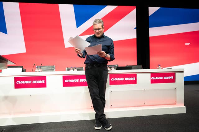 Prime Minister Sir Keir Starmer rehearses his keynote speech which he will deliver to the Labour Party conference in Liverpool on Tuesday