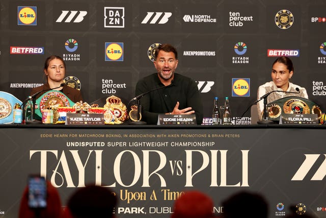 Boxer Katie Taylor (left), promoter Eddie Hearn (centre) and boxer Flora Pili during a press conference at Croke Park, Dublin