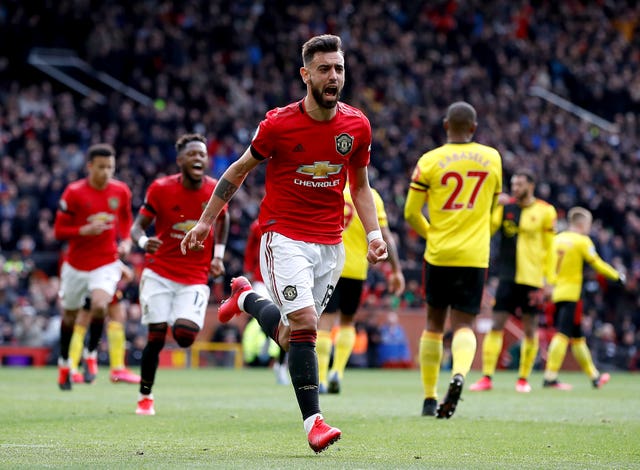 Bruno Fernandes celebrates his first goal for the club last weekend