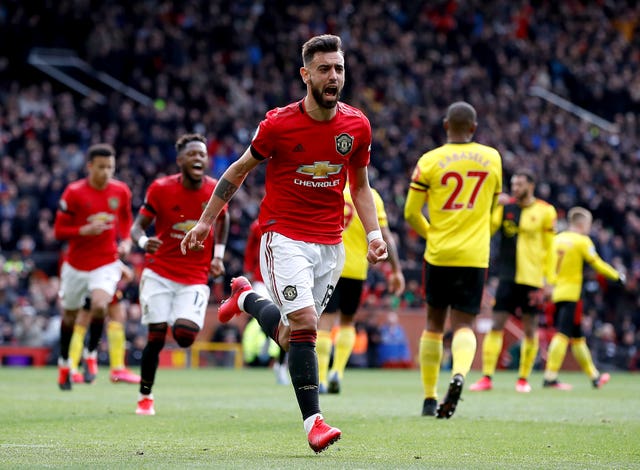 Bruno Fernandes celebrates his first goal for the club last weekend 