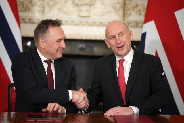 Defence Secretary John Healey and his Norwegian counterpart Tore Sandvik shaking hands at the signing of the UK-Norway Strategic Defence Agreement in Downing Street