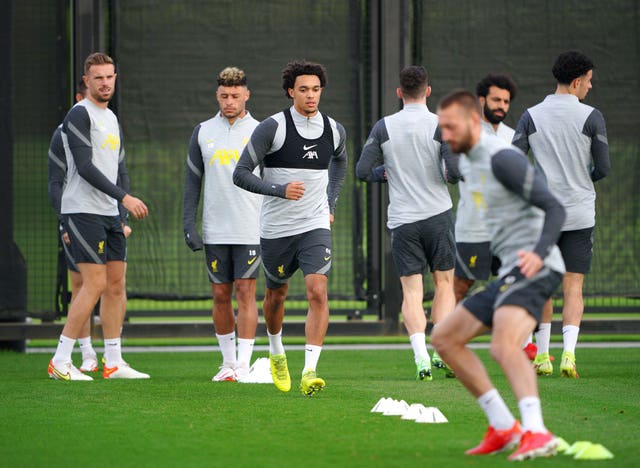 Trent Alexander-Arnold trains with his Liverpool team-mates