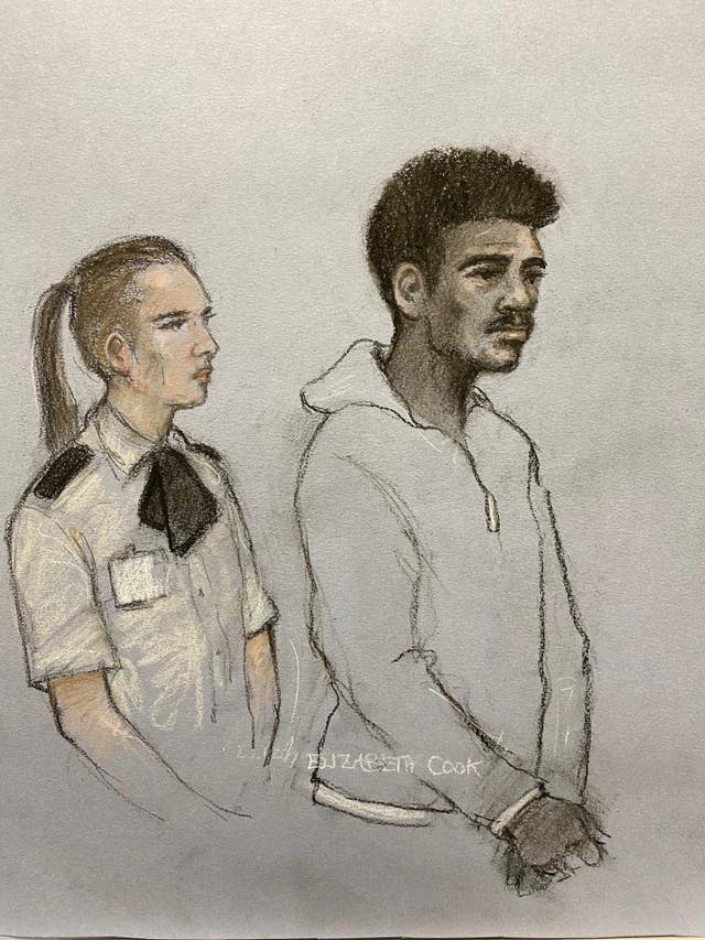 Court artist sketch by Elizabeth Cook of footballer Mason Greenwood appearing in the dock
